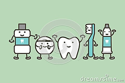 Healthy tooth and funny friend toothbrush, toothpaste, mouthwash and floss, dental care concept Vector Illustration