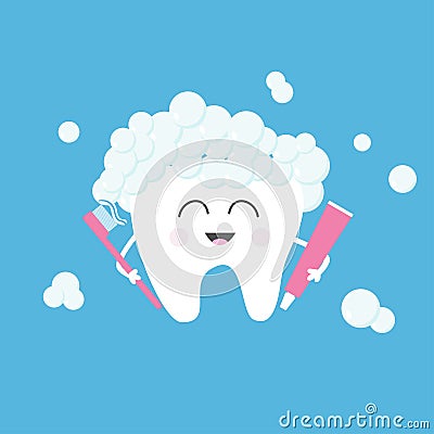 Healthy tooth holding toothpaste and toothbrush. Bubbles foam. Cute funny cartoon Vector Illustration