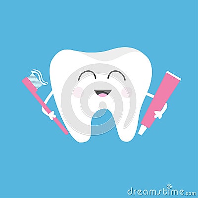 Healthy tooth holding toothpaste and toothbrush. Cute funny cartoon smiling character. Vector Illustration
