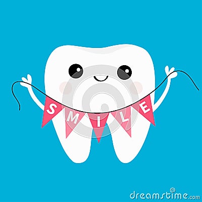 Healthy tooth icon holding bunting flag Smile. Oral dental hygiene. Children teeth care. Cute cartoon character. Smiling head face Vector Illustration