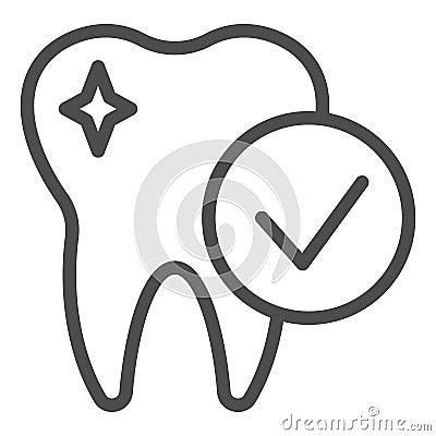 Healthy tooth line icon. Glowing tooth with check mark symbol, outline style pictogram on white background. Dentistry Vector Illustration