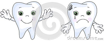 Healthy tooth smiling. Sick tooth crying. Sick tooth has caries Vector Illustration