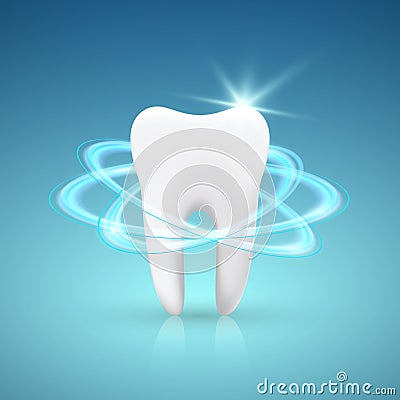 Healthy Tooth Under Protection, Teeth Whitening, glowing effect Vector Illustration