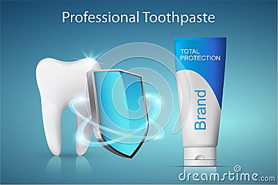 Healthy tooth under protection and a tube of toothpaste Vector Illustration