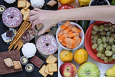 Healthy and unhealthy food concept, fruits and vegetables vs donuts, sweets and chocolate with woman`s hand. Top view Stock Photo