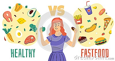 Healthy unhealthy food. Girl chooses between proper nutrition and fast food, diet plan, woman makes choice, different Vector Illustration