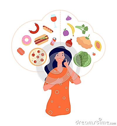 Healthy unhealthy food. Junk vs good foods diet balance. Woman choose between fresh meals and fast food. Lose weight or Vector Illustration