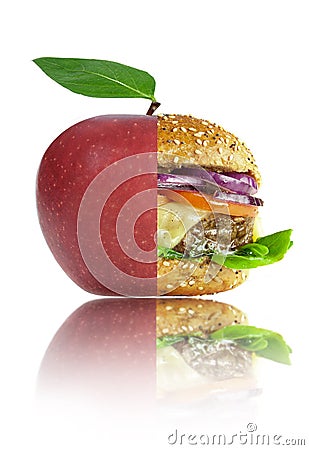 Healthy and unhealthy food nutrition choices concept Stock Photo