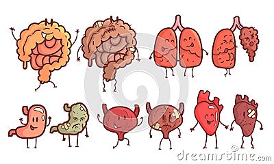 Healthy and Unhealthy Human Internal Organs Cartoon Character Set, Bladder, Heart, Lungs, Intestines, Stomach Vector Vector Illustration