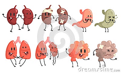 Healthy and Unhealthy Human Internal Organs Cartoon Character Set, Kidneys, Stomach, Brain, Lung, Thyroid Vector Vector Illustration
