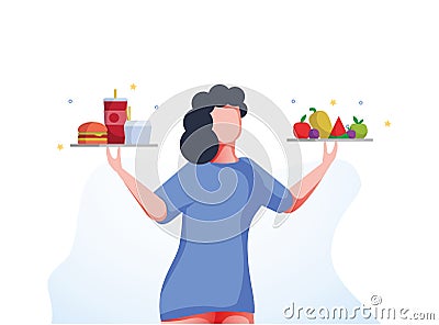 Healthy and Unhealthy Lifestyle Infographics. Girl with healthy and unhealthy Food, Fitness, Diet. What Your Choice Vector Illustration