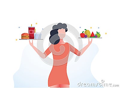 Healthy and Unhealthy Lifestyle Infographics. Girl with healthy and unhealthy Food, Fitness, Diet. What Your Choice Stock Photo