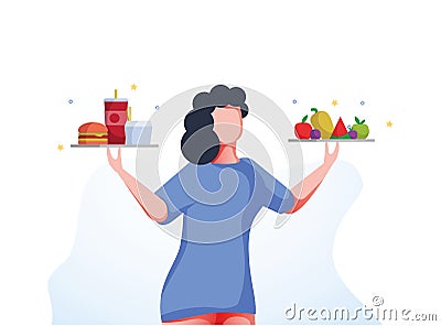 Healthy and Unhealthy Lifestyle Infographics. Girl with healthy and unhealthy Food, Fitness, Diet. What Your Choice Stock Photo