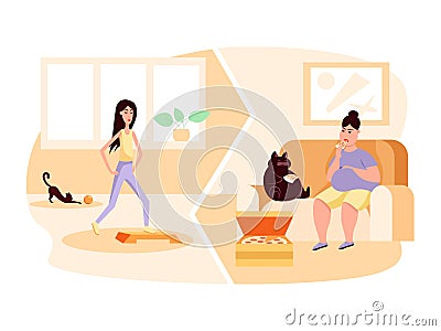 Healthy and unhealthy lifestyle. Sport vs fastfood. Vector flat color illustration Vector Illustration