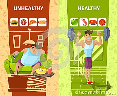 Healthy And Unhealthy Man Banners Set Vector Illustration