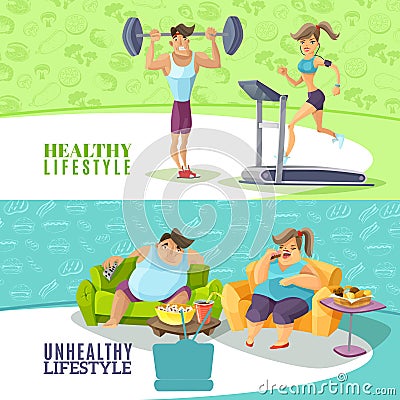 Healthy And Unhealthy People Horizontal Banners Set Vector Illustration