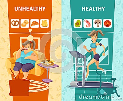 Healthy And Unhealthy Woman Banners Set Vector Illustration