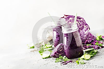 Healthy vegan detox purple smoothies or juice from red cabbage, Stock Photo