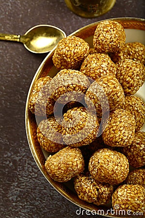 Delicious Indian sweets- sesame balls, Top view. Stock Photo