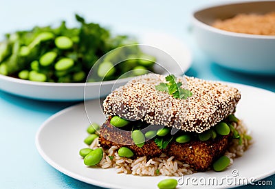 Healthy Vegan Food: Sesame Crusted Tofu, Edamame Beans, and Pak Choi Stock Photo