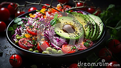 healthy vegan lunch bowl. Avocado, quinoa, tomato, cucumber, red cabbage. Generative AI Stock Photo