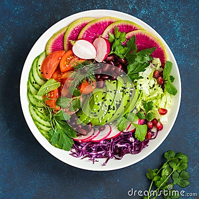 Healthy vegan lunch bowl salad. Avocado, red bean, tomato, cucu Stock Photo