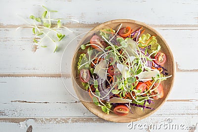 Healthy vegan lunch dish.Tomato, cucumber, red cabbage, carrot, Stock Photo