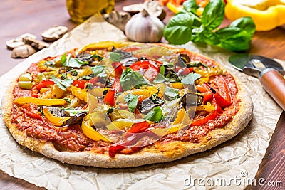 Tasty and Healthy Vegan Pizza and Ingridients Stock Photo