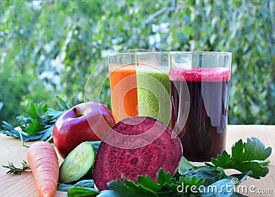 Healthy vegetable and fruit smoothies and juice Stock Photo