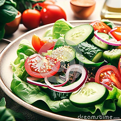 Healthy vegetable salad of fresh tomato, cucumber, onion, spinach, lettuce and sesame on plate. Diet menu Stock Photo