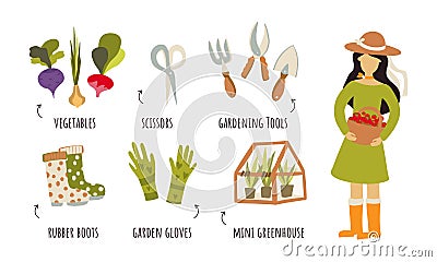 Healthy vegetables and farm tools, vector infographic. Girl lifestyle, woman figure, vegetables, garden gloves, rubber boots, Cartoon Illustration