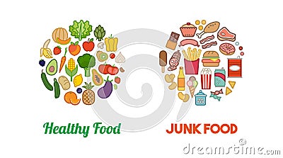 Healthy vegetables and junk food Vector Illustration