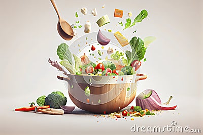 Healthy vegetarian eating and cooking with various flying chopped vegetables ingredients Stock Photo