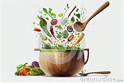 Healthy vegetarian eating and cooking with various flying chopped vegetables ingredients Stock Photo
