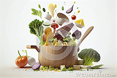 Healthy vegetarian eating and cooking with various flying chopped vegetables ingredients Stock Photo