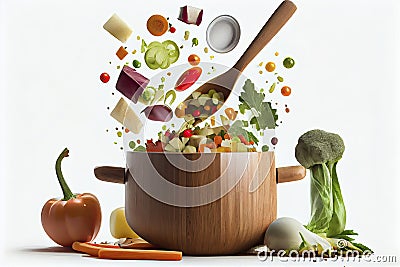 Healthy vegetarian eating and cooking with various flying chopped vegetables ingredients Stock Photo