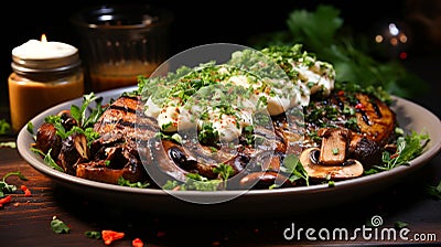 Healthy vegetarian meal with fresh organic mushroom and grilled Stock Photo