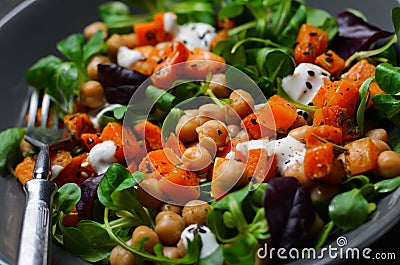 Healthy Vegetarian Salad, Roasted Pumpkin and Chickpea Salad in a Bowl Stock Photo