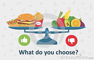 Healthy versus unhealthy food on the balance Vector Illustration