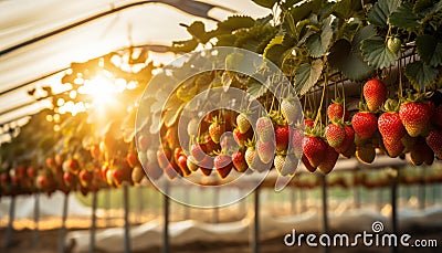 Healthy and vibrant organic strawberry plant flourishing in a controlled greenhouse environment Stock Photo