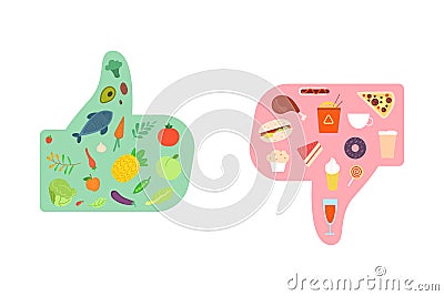 Healthy vs junk food. Choice good or bad nutrition, compare meal unhealthy fastfood, green vegetables balanced diet Vector Illustration