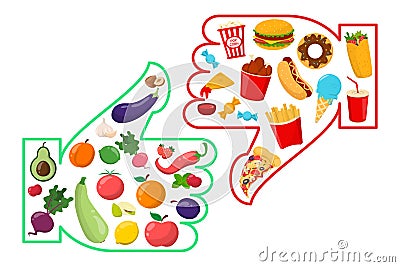 Healthy vs junk food isolated. Unhealthy lifestyle Stock Photo