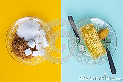 Healthy vs unhealthy sugar, Bi-colored background, Yellow, processed sugar, white, cane, cubes, Pastel green, Natural golden Stock Photo