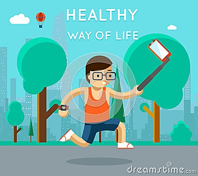 Healthy way of life. Sport monopod selfie in park Vector Illustration
