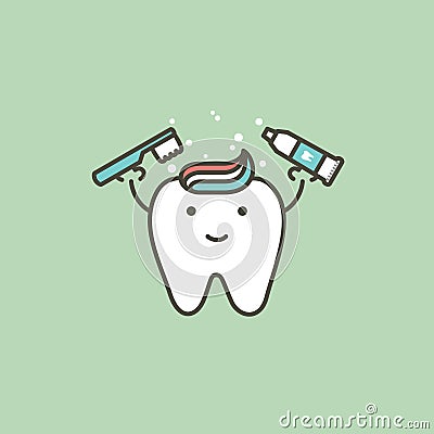 Healthy white tooth holding toothbrush and toothpaste, brushing teeth concept - dental cartoon vector flat style Vector Illustration