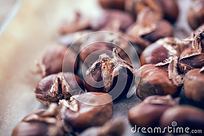 Healthy winter snack chestnuts on wooden background Stock Photo