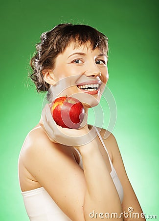 Healthy woman with fresh red apple Stock Photo