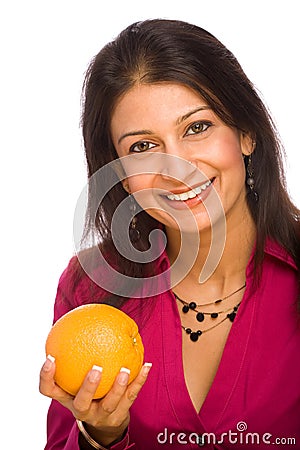 Healthy Woman Holding Orange Stock Photo
