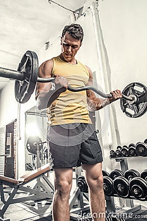 Healthy young man practicing biceps lifting a curl bar. Stock Photo