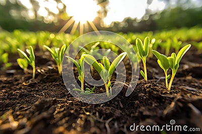 Healthy Young Sprouts Thriving In The Open Field Environment. Generative AI Stock Photo